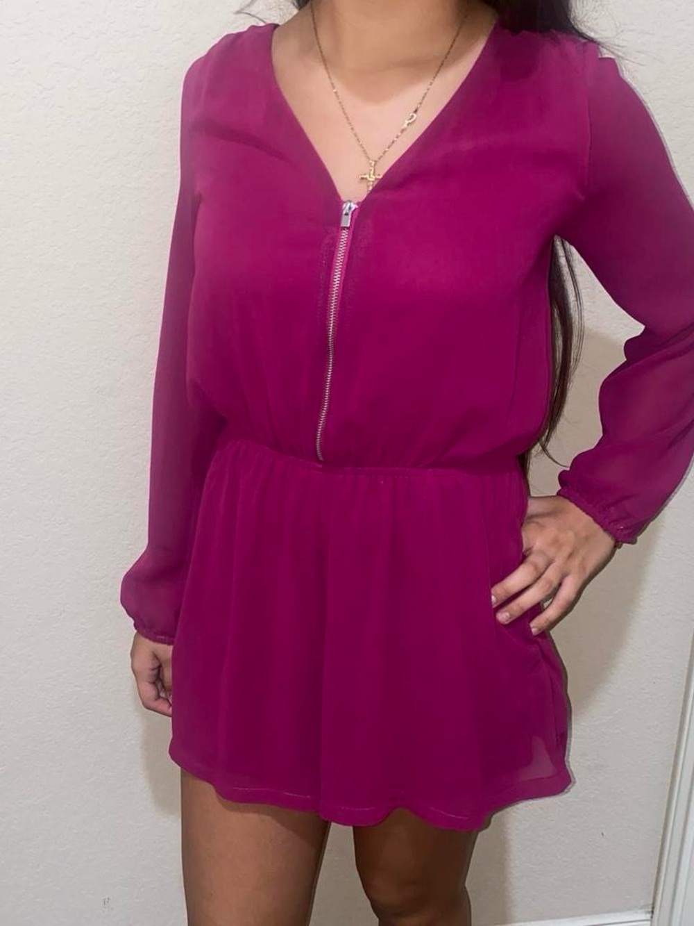 Express Magenta Long-Sleeve V-Neck Romper